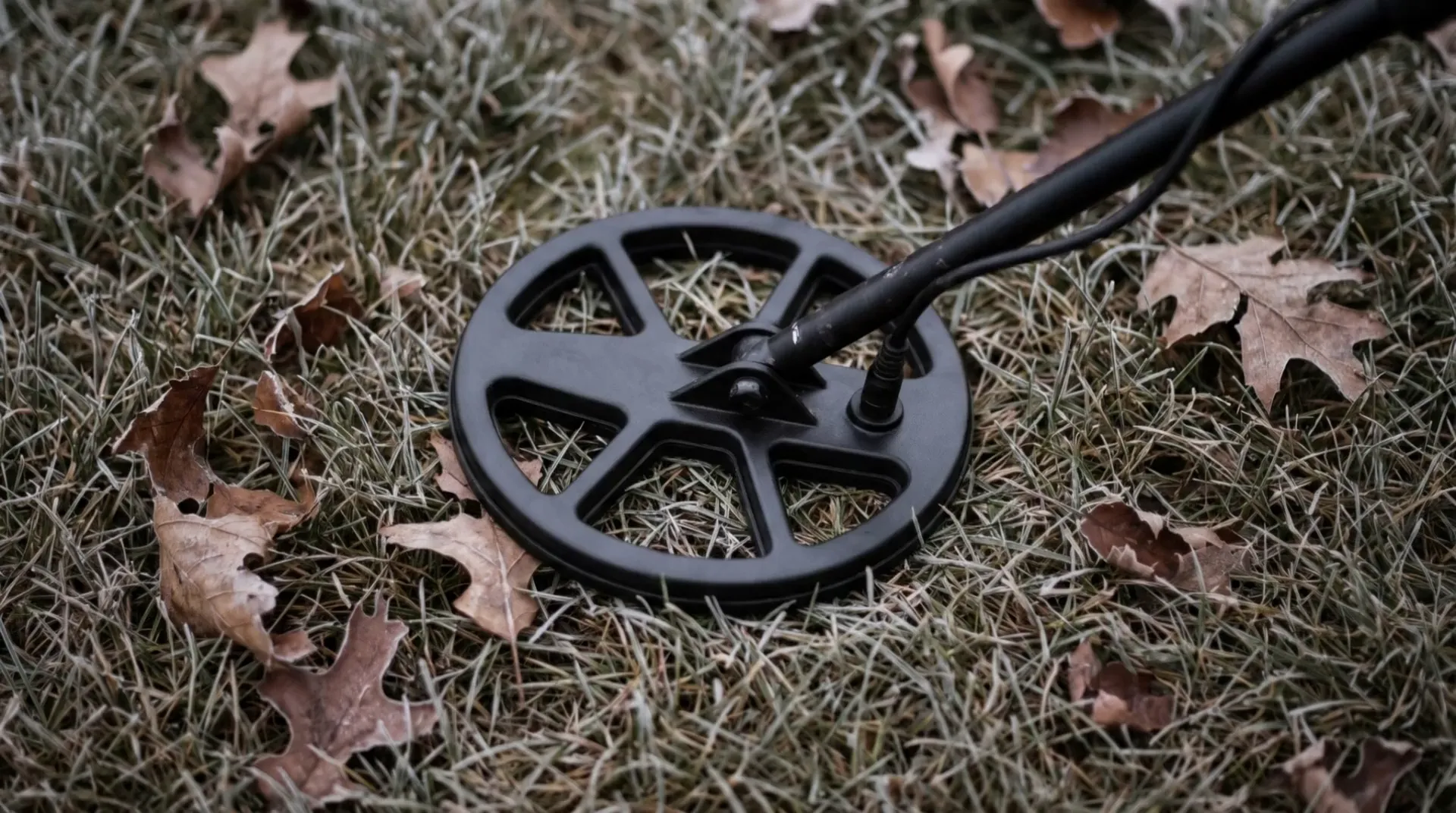 Illustrative black metal detector coil over frost-bitten grass and oak leaves